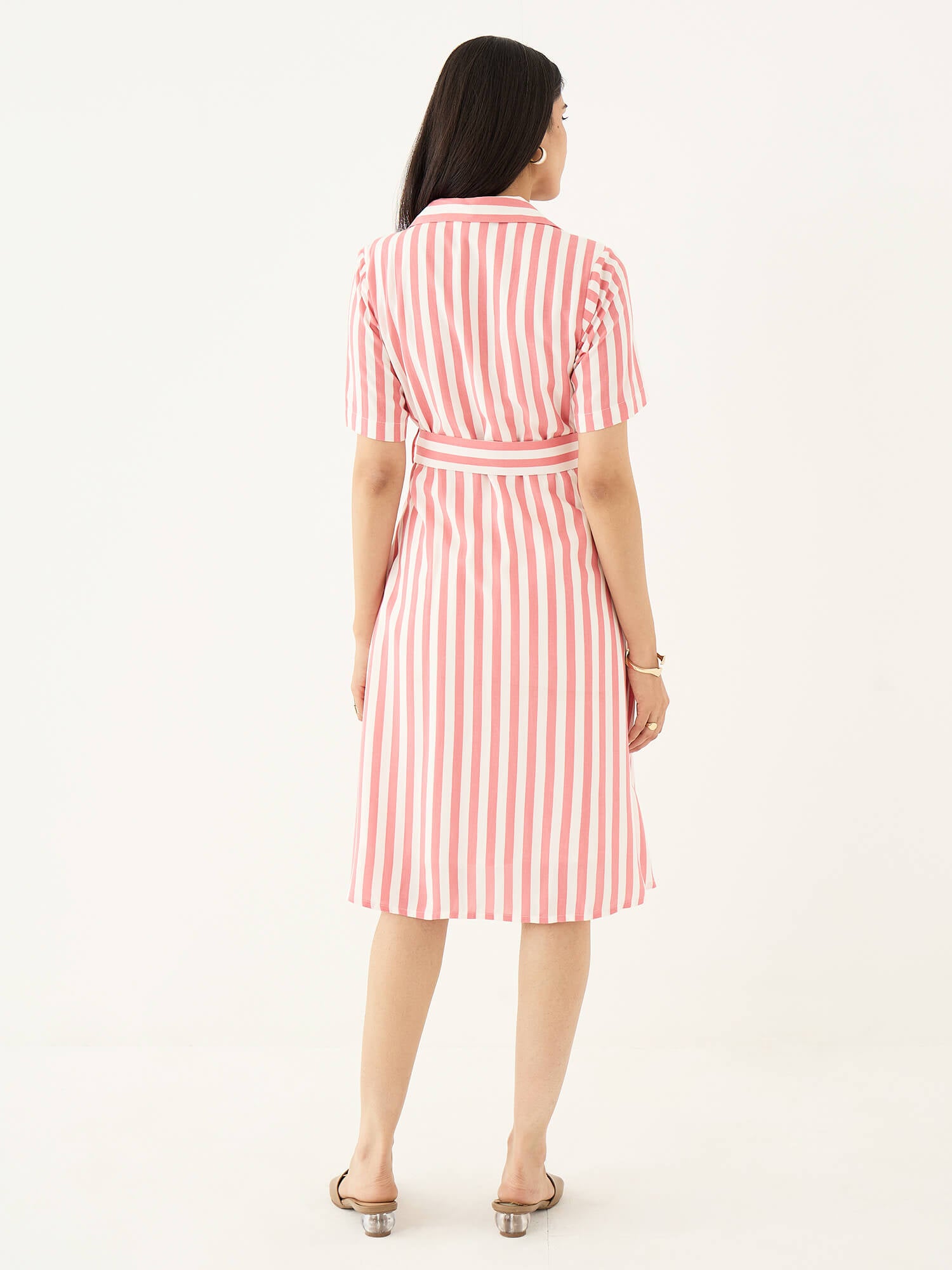 Palmira Notch Collar Shirt Dress-Pink &amp; White