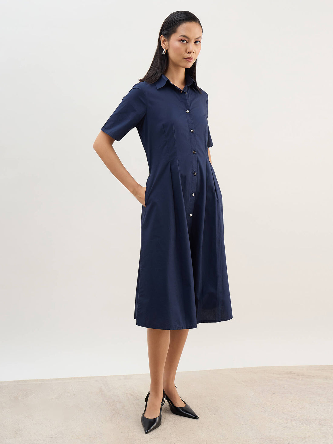 Arisea Pleat Detail Shirt Dress-Navy
