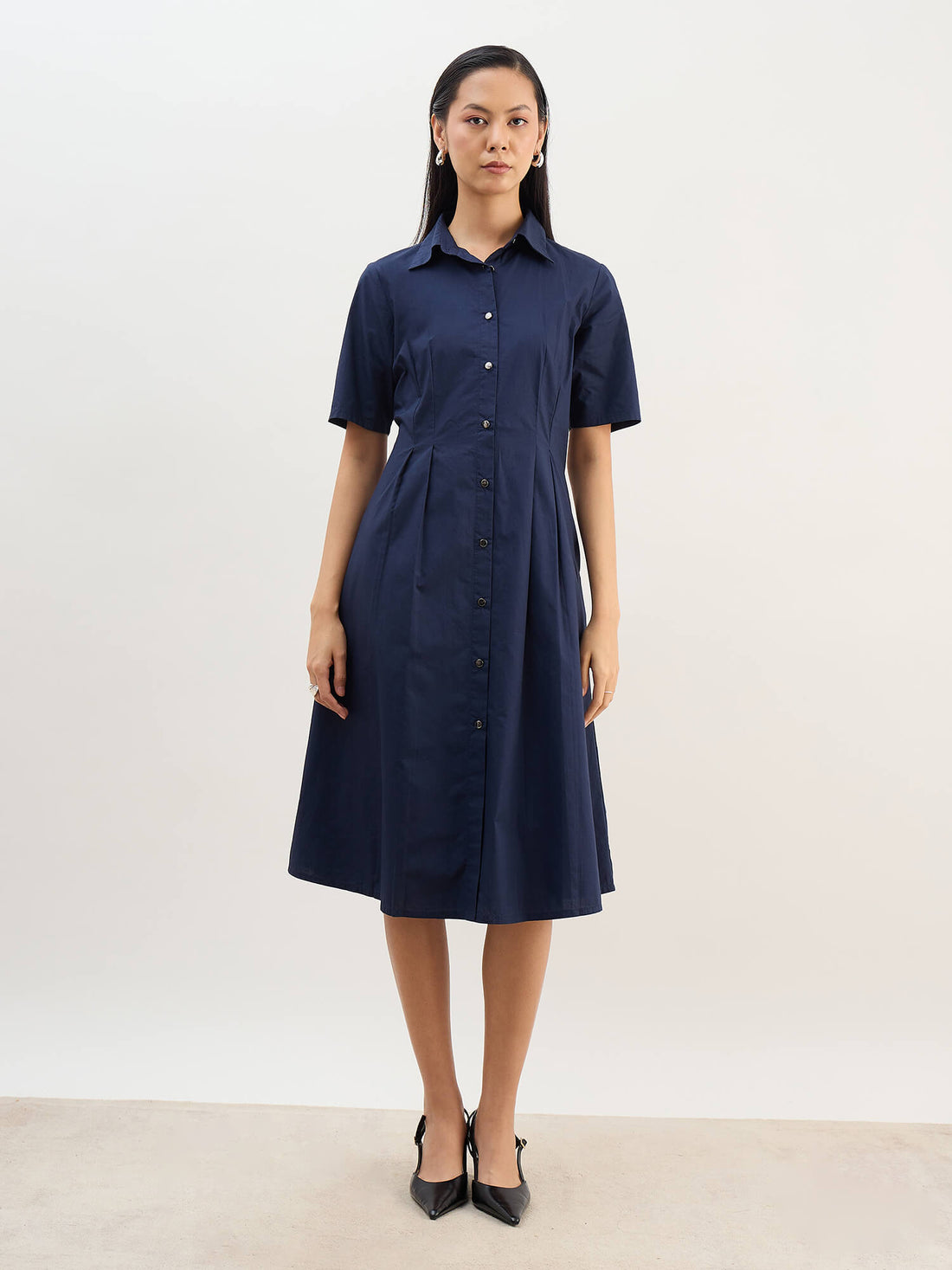 Arisea Pleat Detail Shirt Dress-Navy