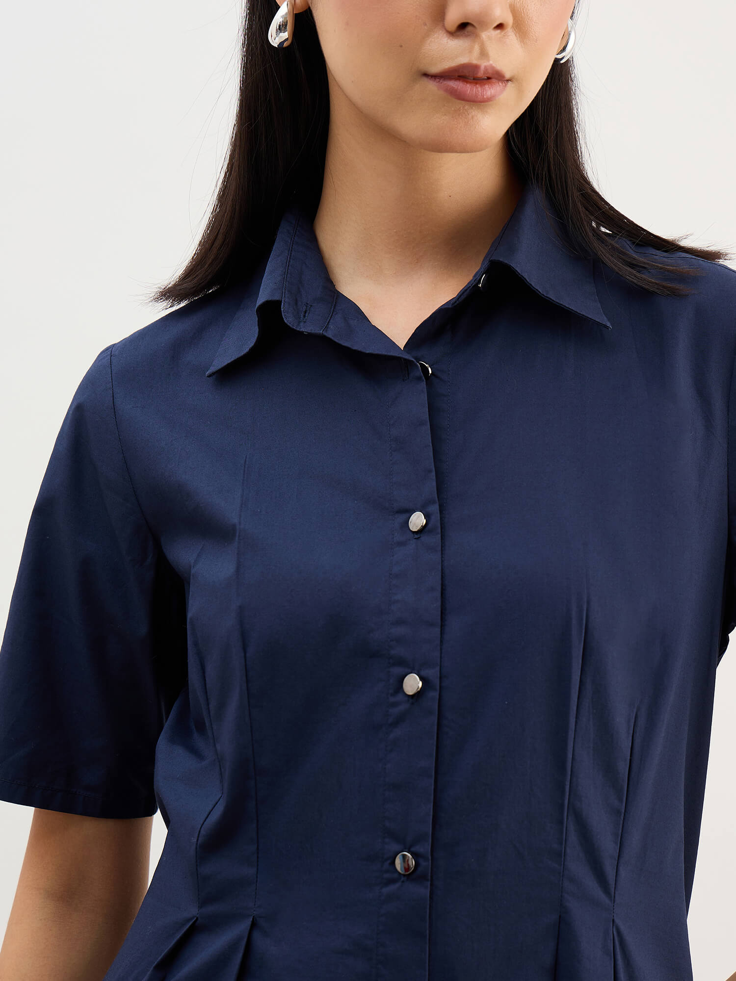 Arisea Pleat Detail Shirt Dress-Navy