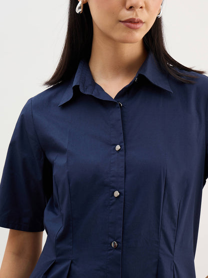Arisea Pleat Detail Shirt Dress-Navy