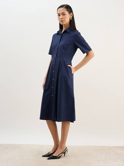 Arisea Pleat Detail Shirt Dress-Navy