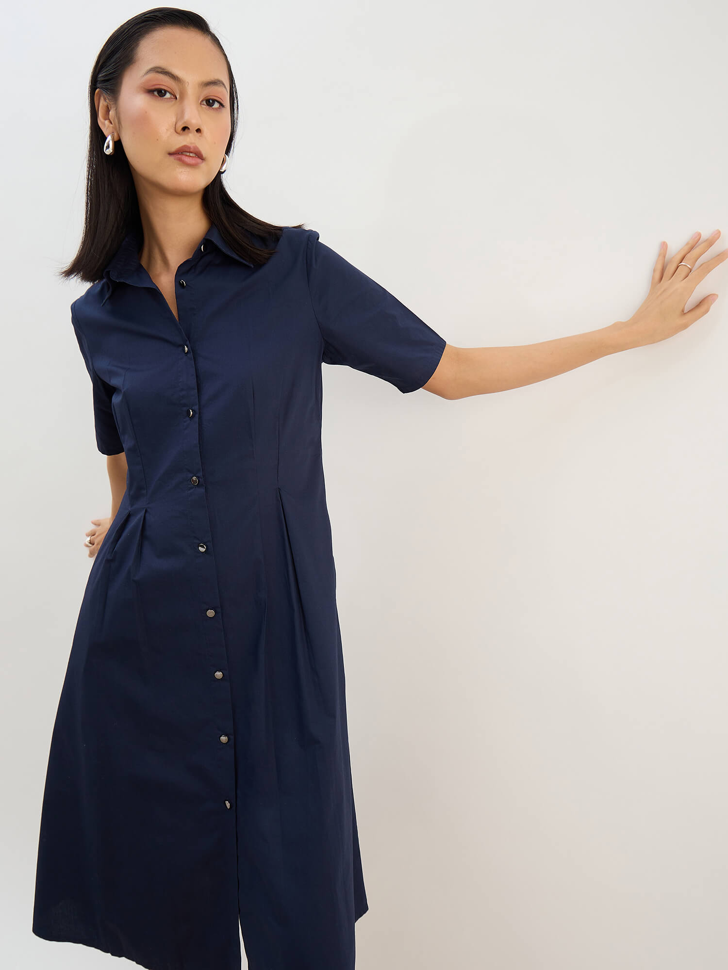 Arisea Pleat Detail Shirt Dress-Navy