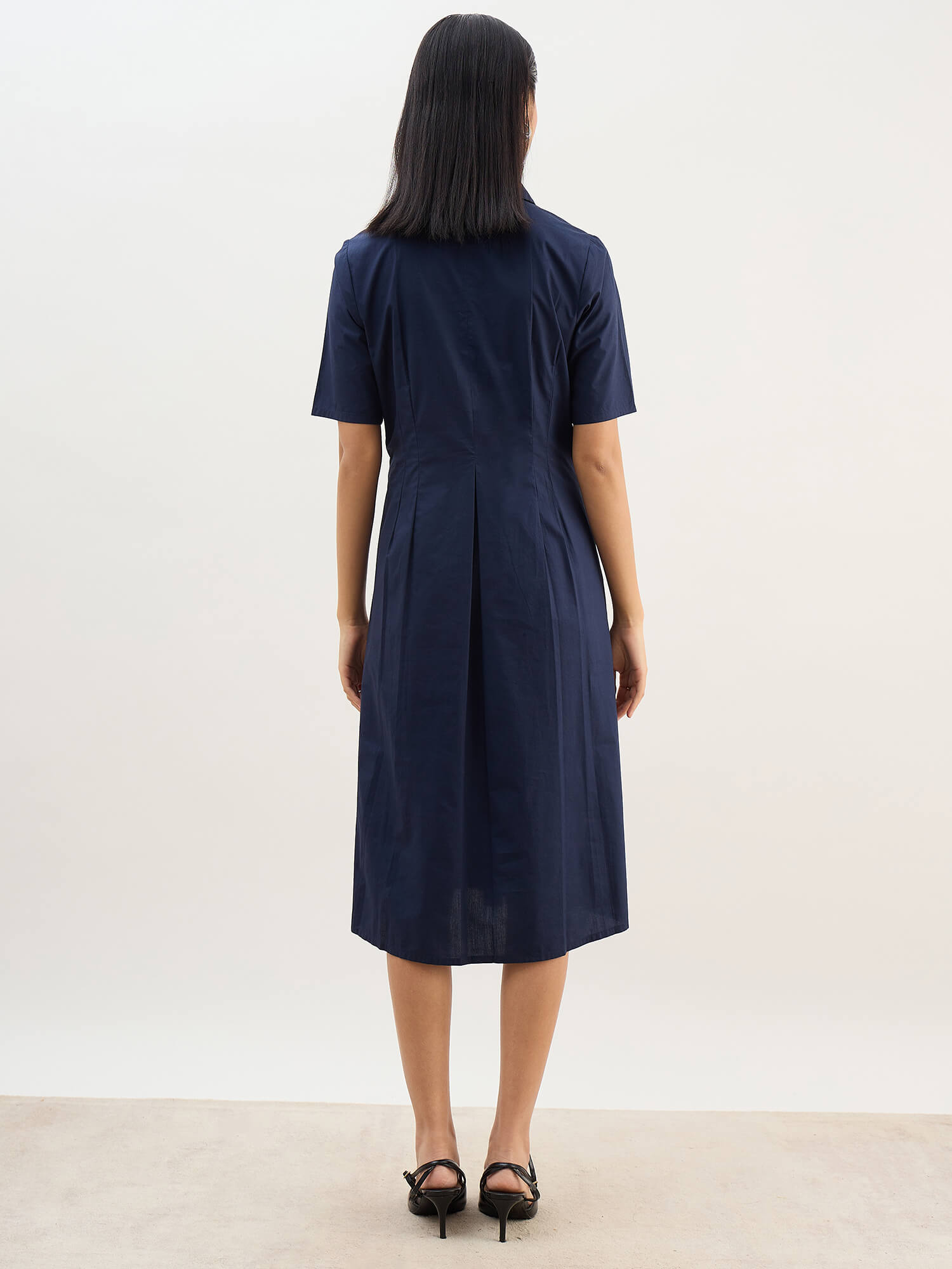 Arisea Pleat Detail Shirt Dress-Navy