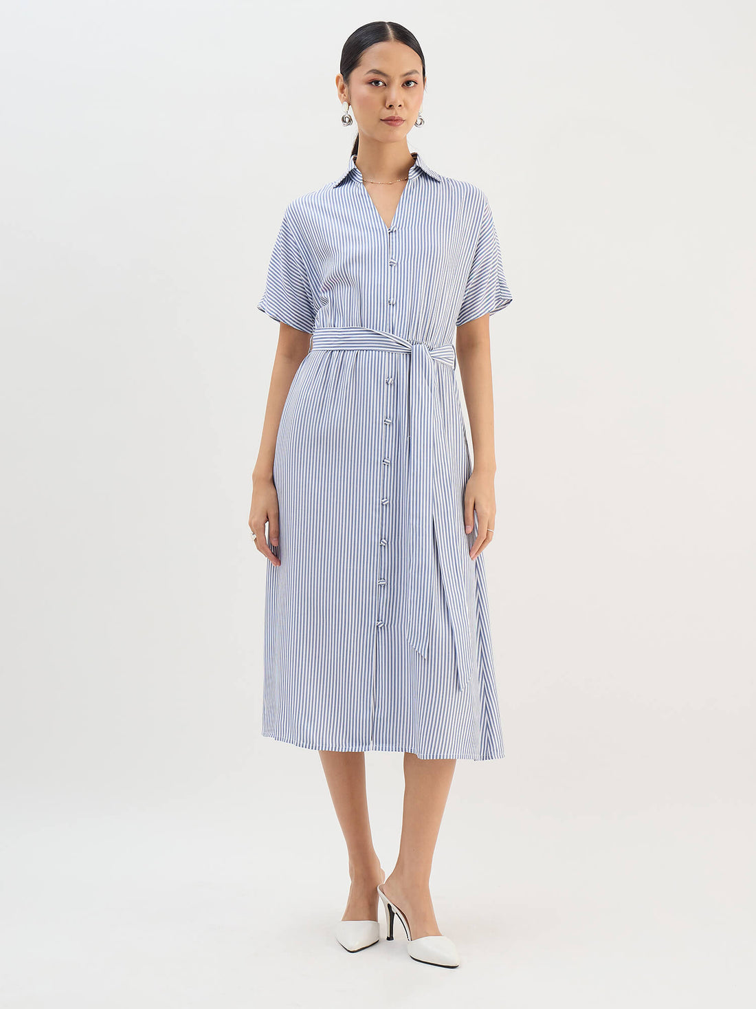 Melski Dolman Sleeve Shirt Dress-Navy &amp; White