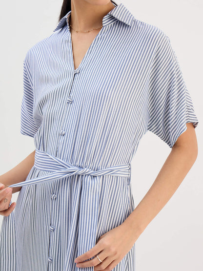Melski Dolman Sleeve Shirt Dress-Navy &amp; White