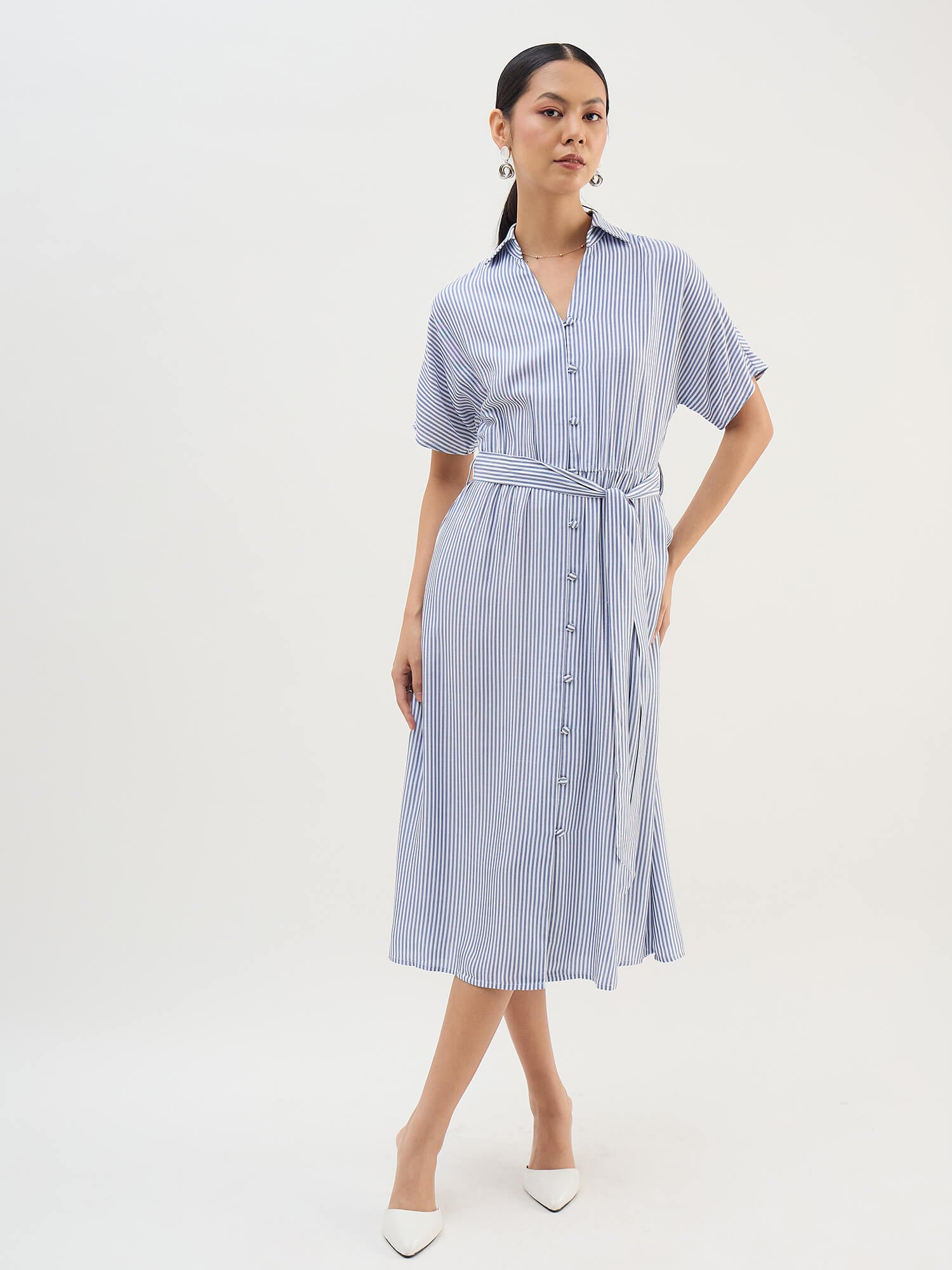 Melski Dolman Sleeve Shirt Dress-Navy &amp; White