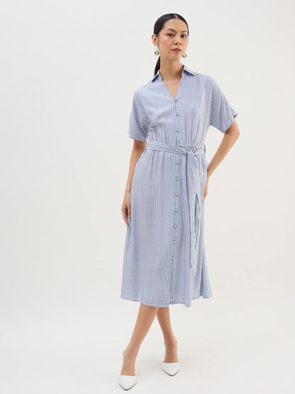 Melski Dolman Sleeve Shirt Dress-Navy &amp; White