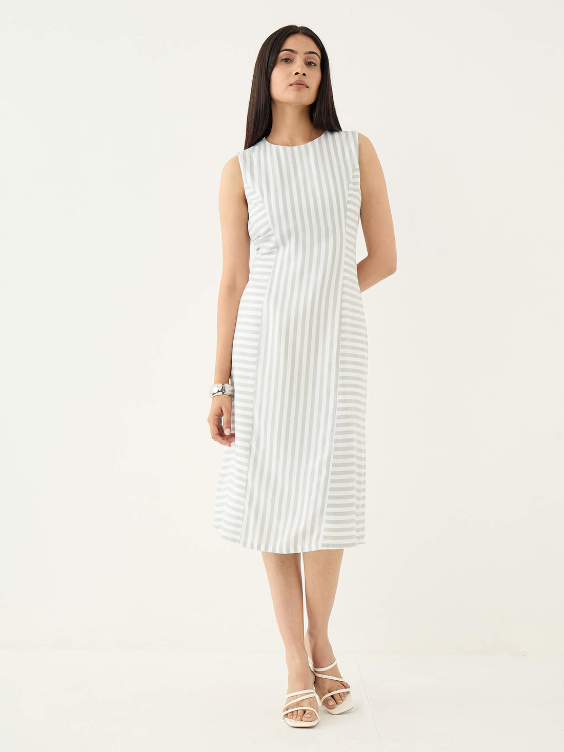 Norvia Stripe Placement Shift Dress-Green &amp; White