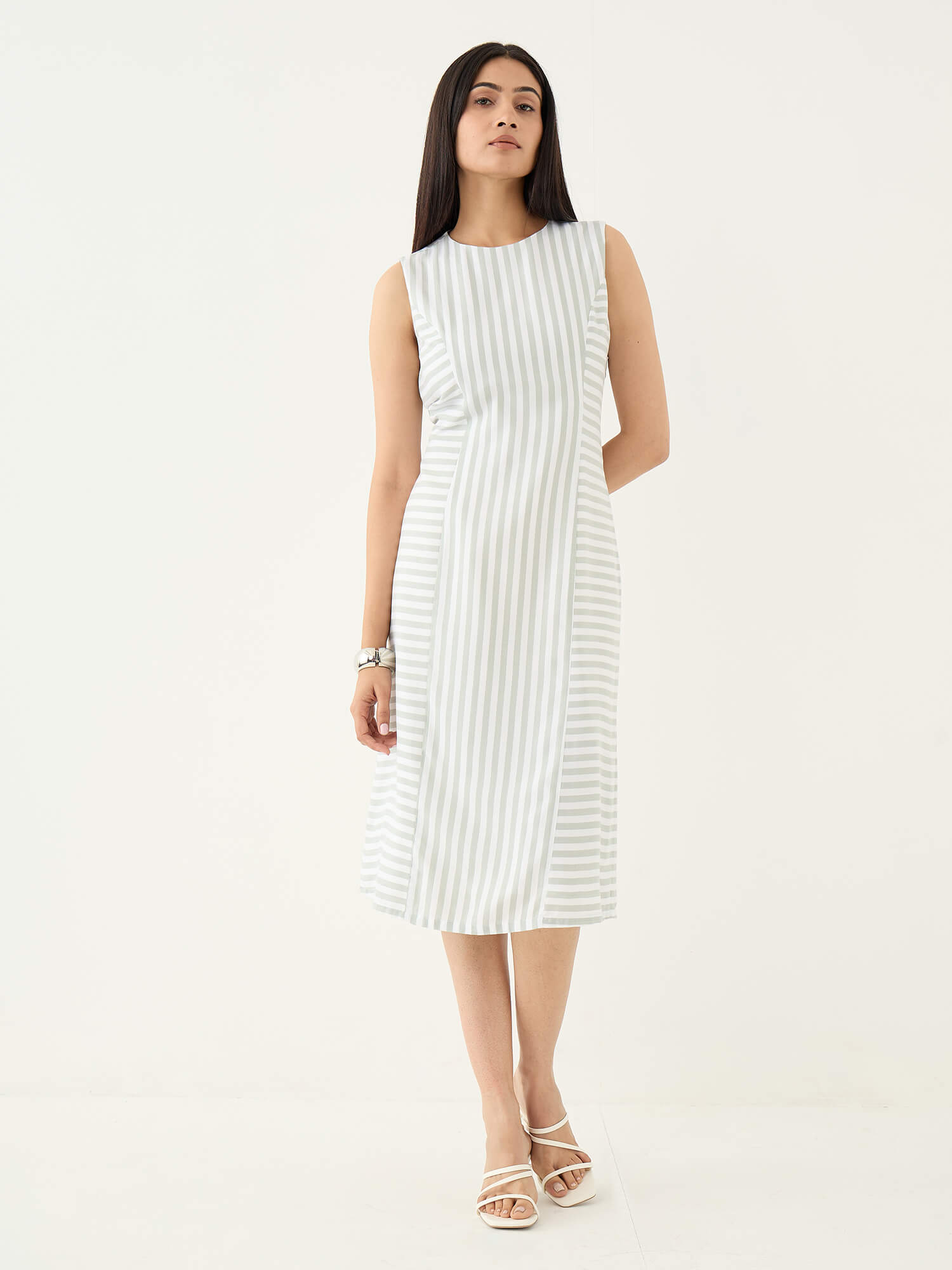 Norvia Stripe Placement Shift Dress-Green &amp; White