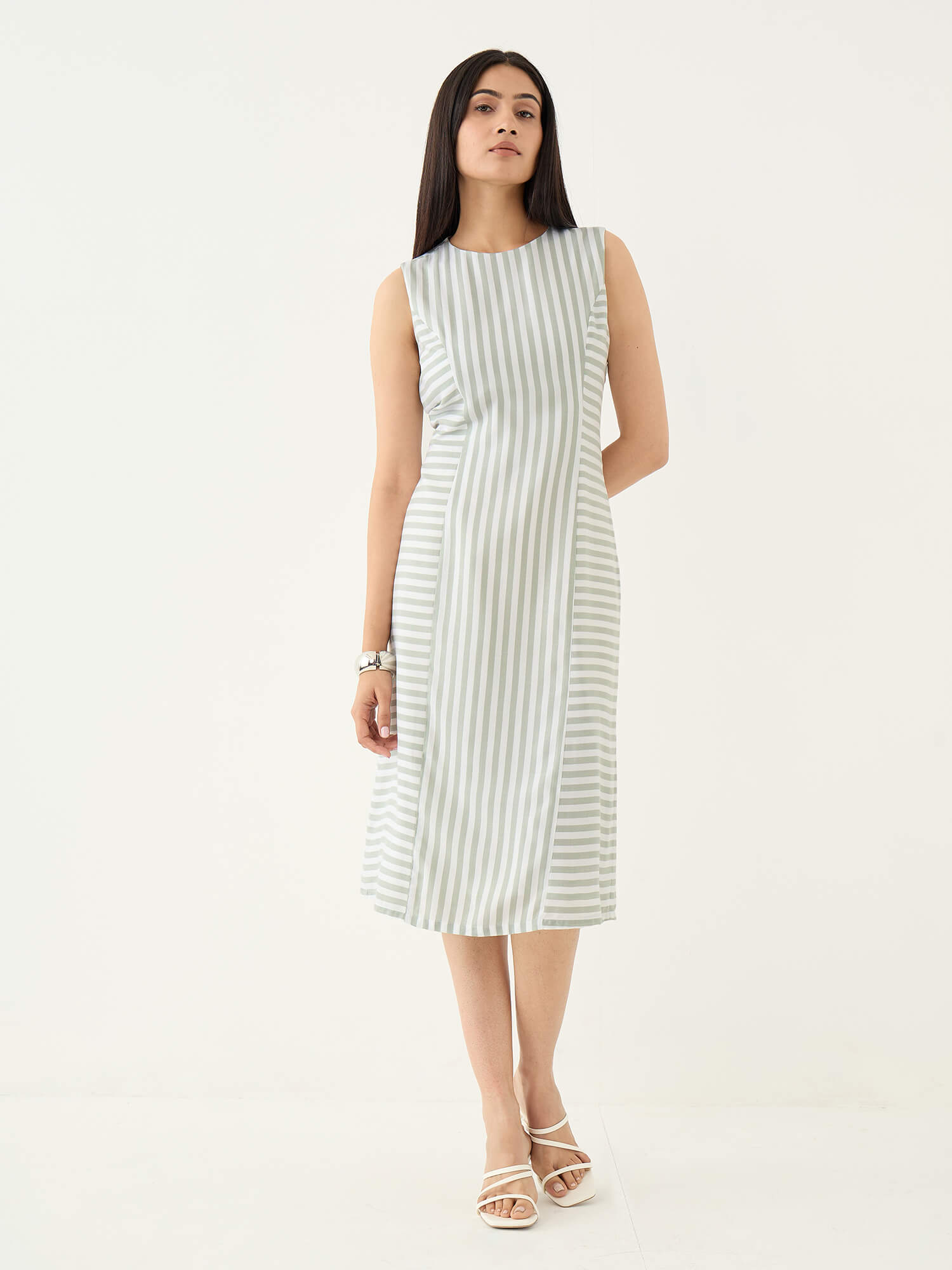 Norvia Stripe Placement Shift Dress-Green &amp; White