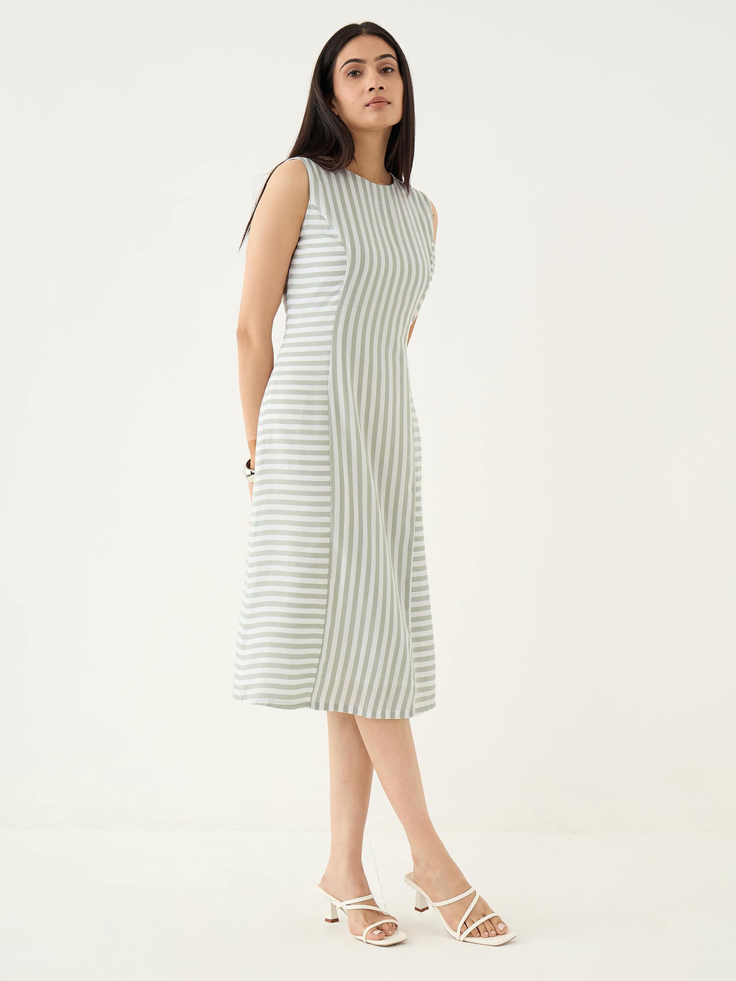 Norvia Stripe Placement Shift Dress-Green &amp; White
