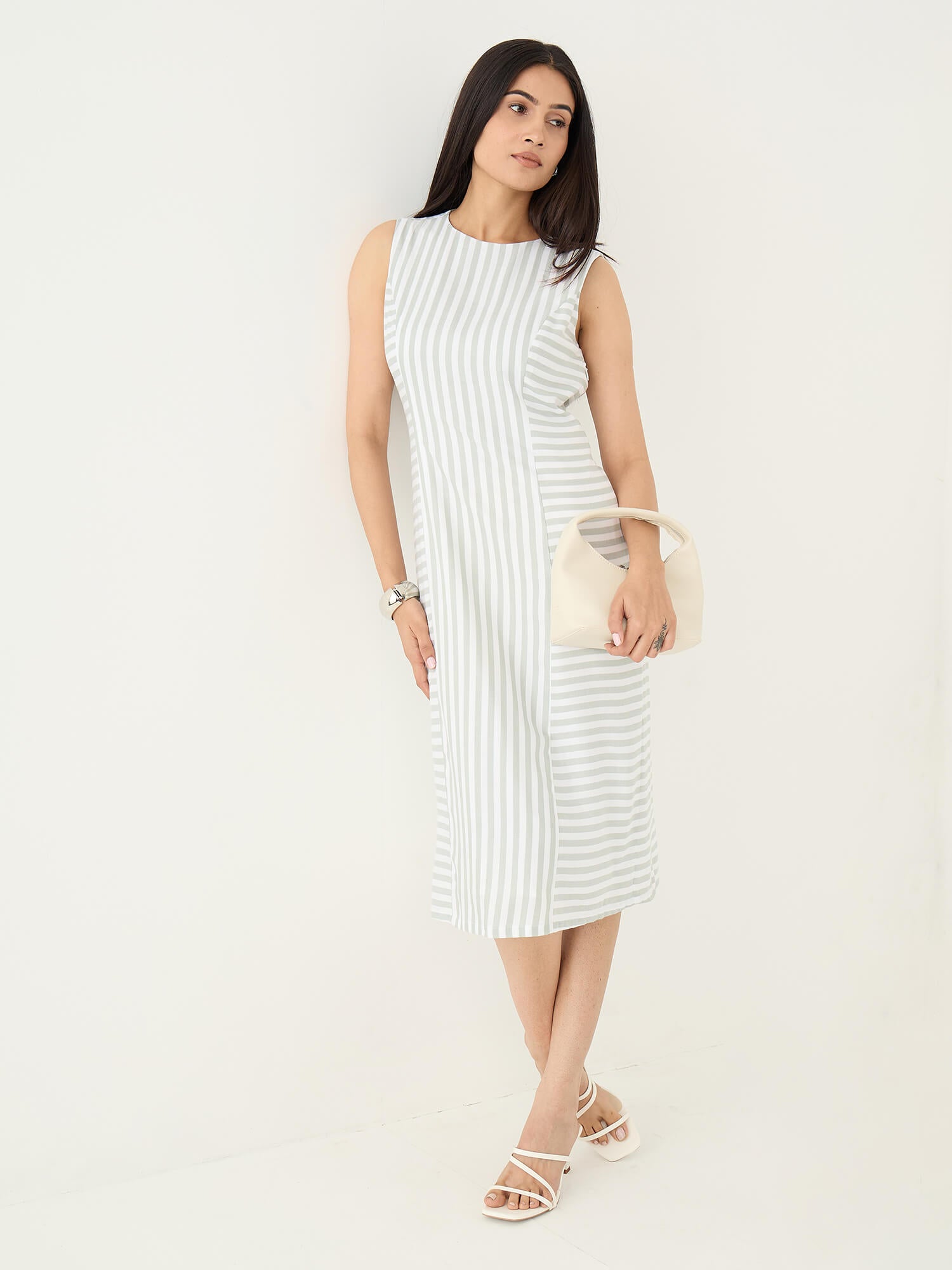 Norvia Stripe Placement Shift Dress-Green &amp; White