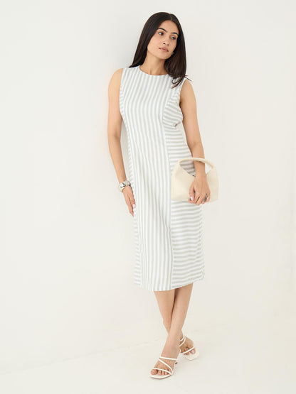 Norvia Stripe Placement Shift Dress-Green &amp; White