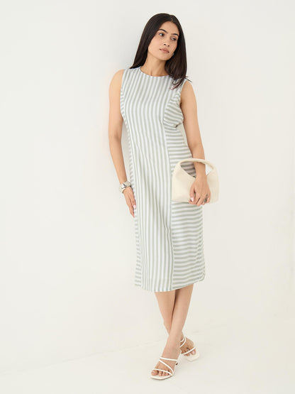 Norvia Stripe Placement Shift Dress-Green &amp; White