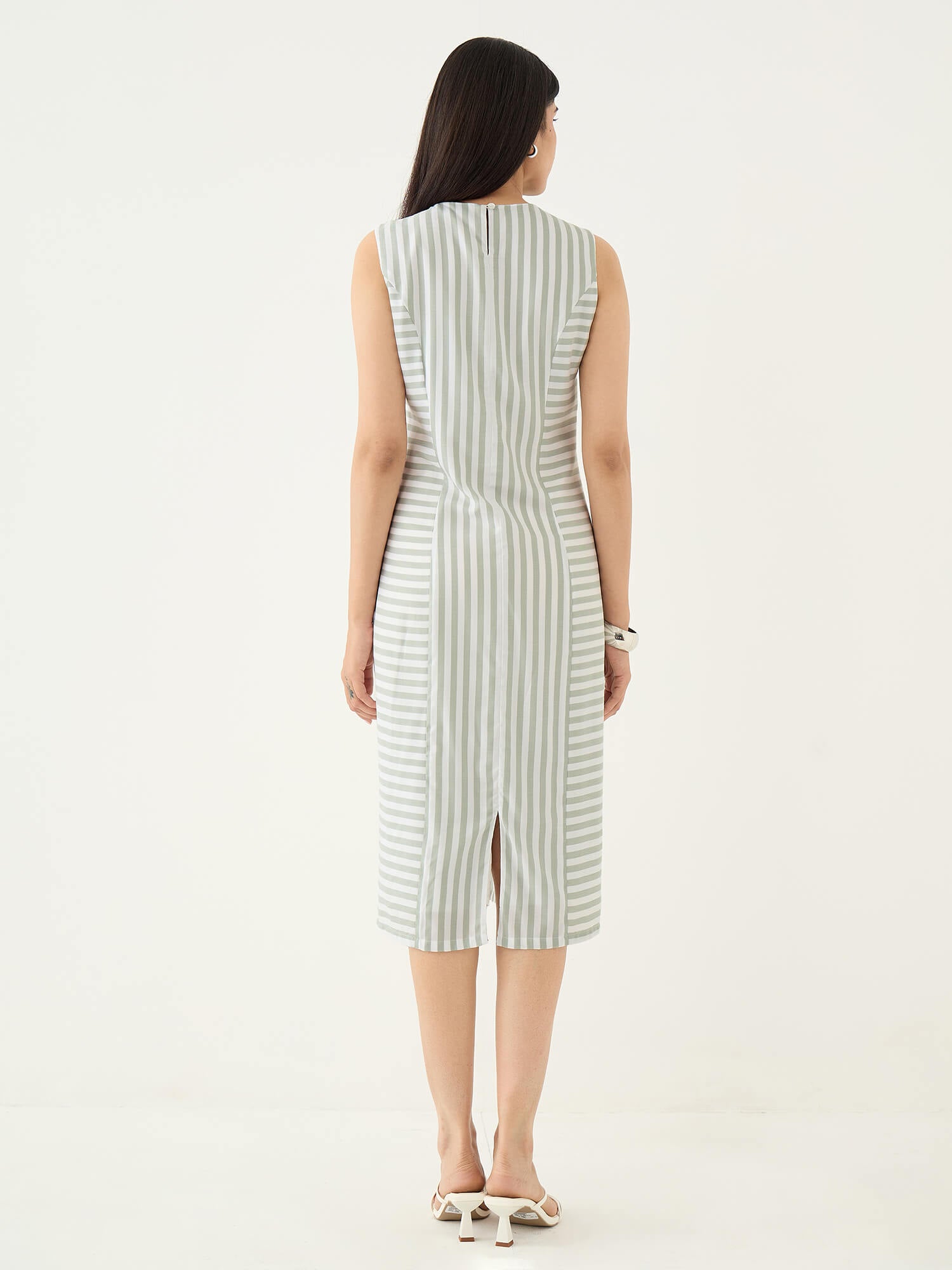 Norvia Stripe Placement Shift Dress-Green &amp; White