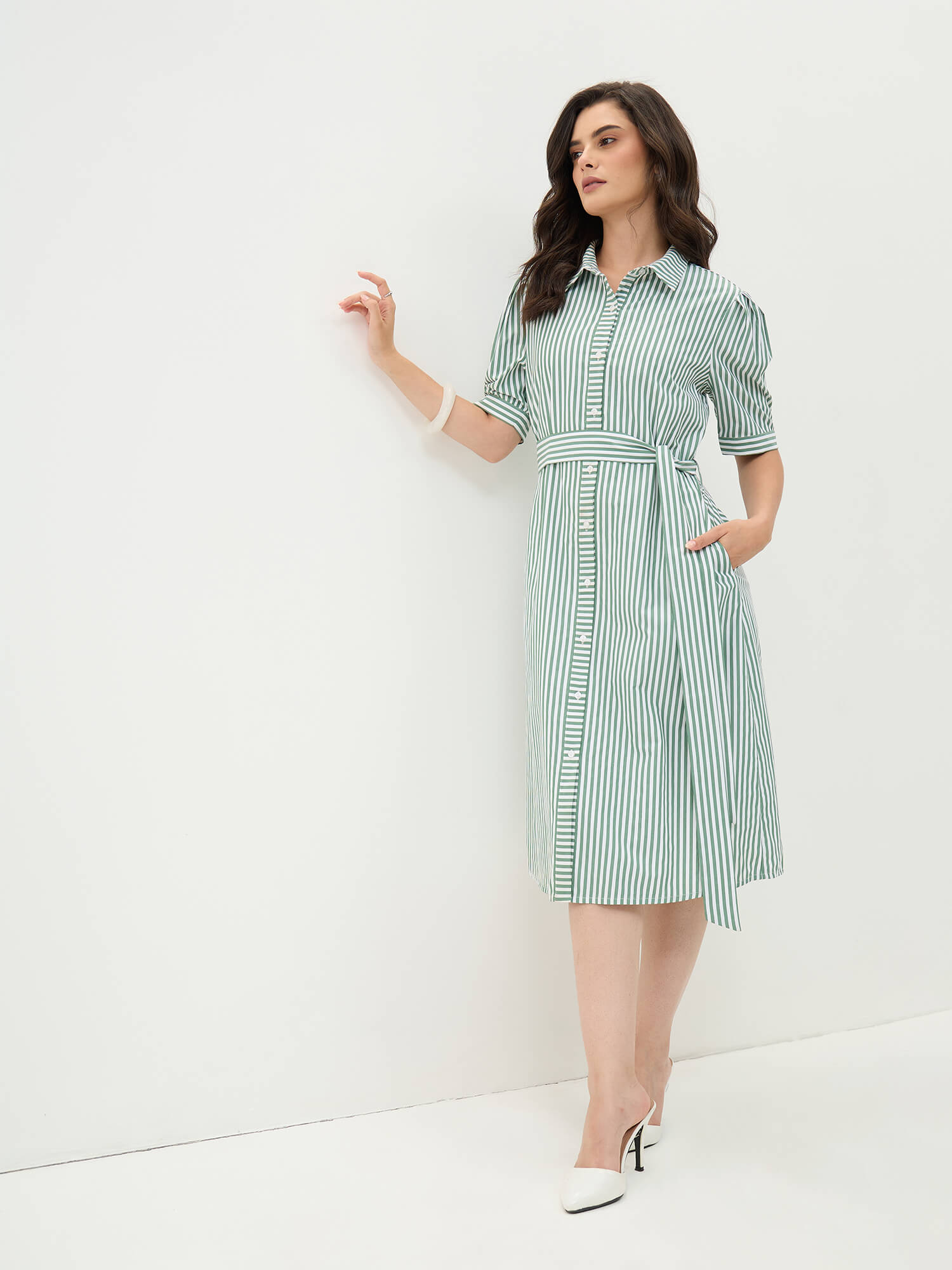 Alune Puff Sleeve Shirt Dress-Green&amp;White