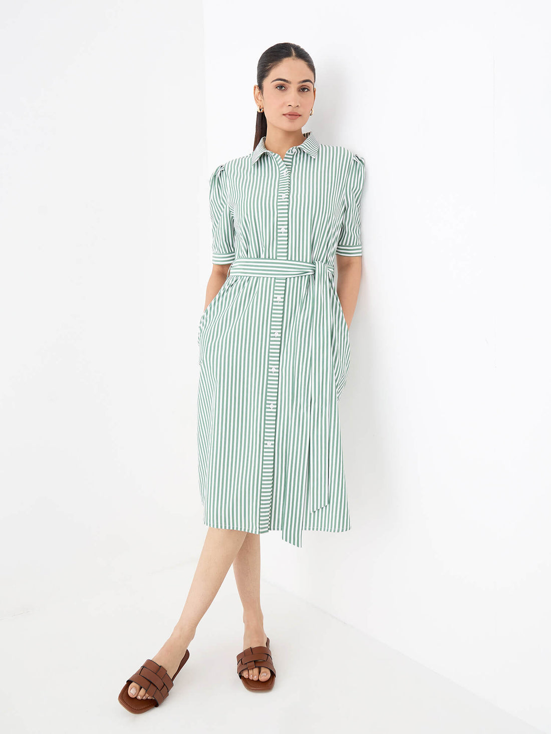 Alune Puff Sleeve Shirt Dress-Green&amp;White