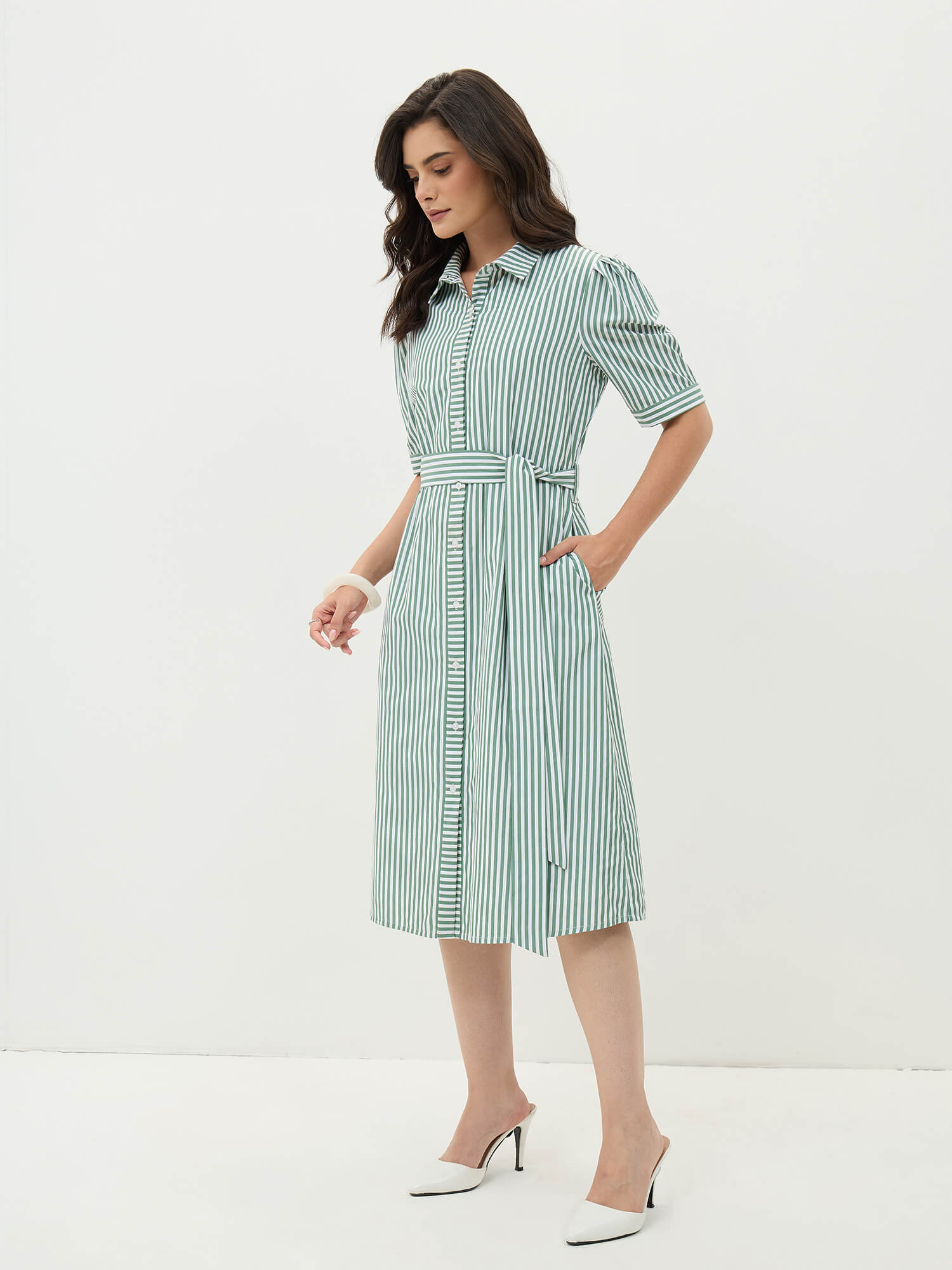 Alune Puff Sleeve Shirt Dress-Green&amp;White