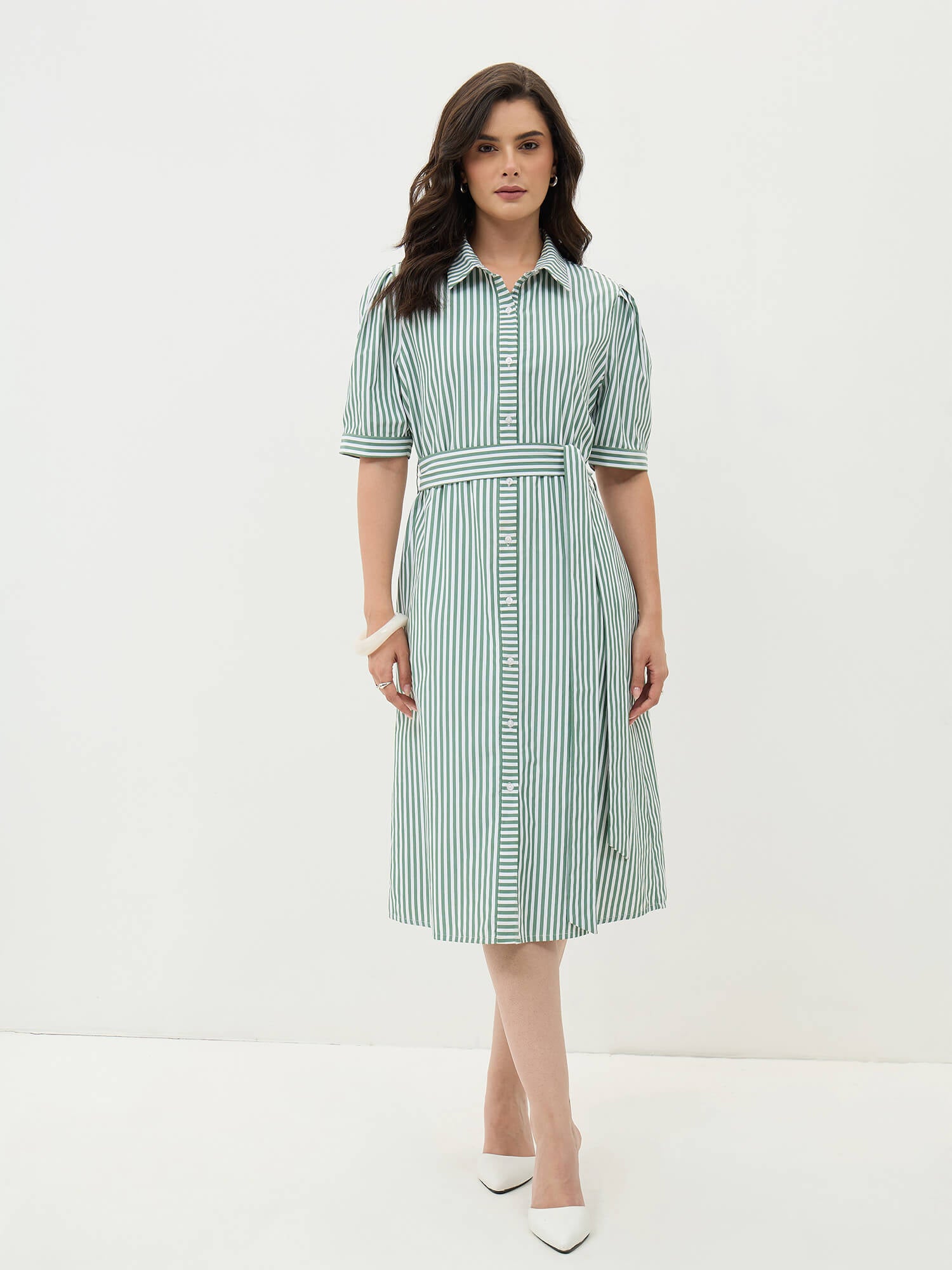 Alune Puff Sleeve Shirt Dress-Green&amp;White