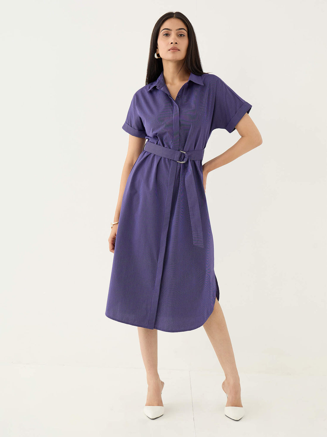 Avelin Belted Shirt Dress-Purple