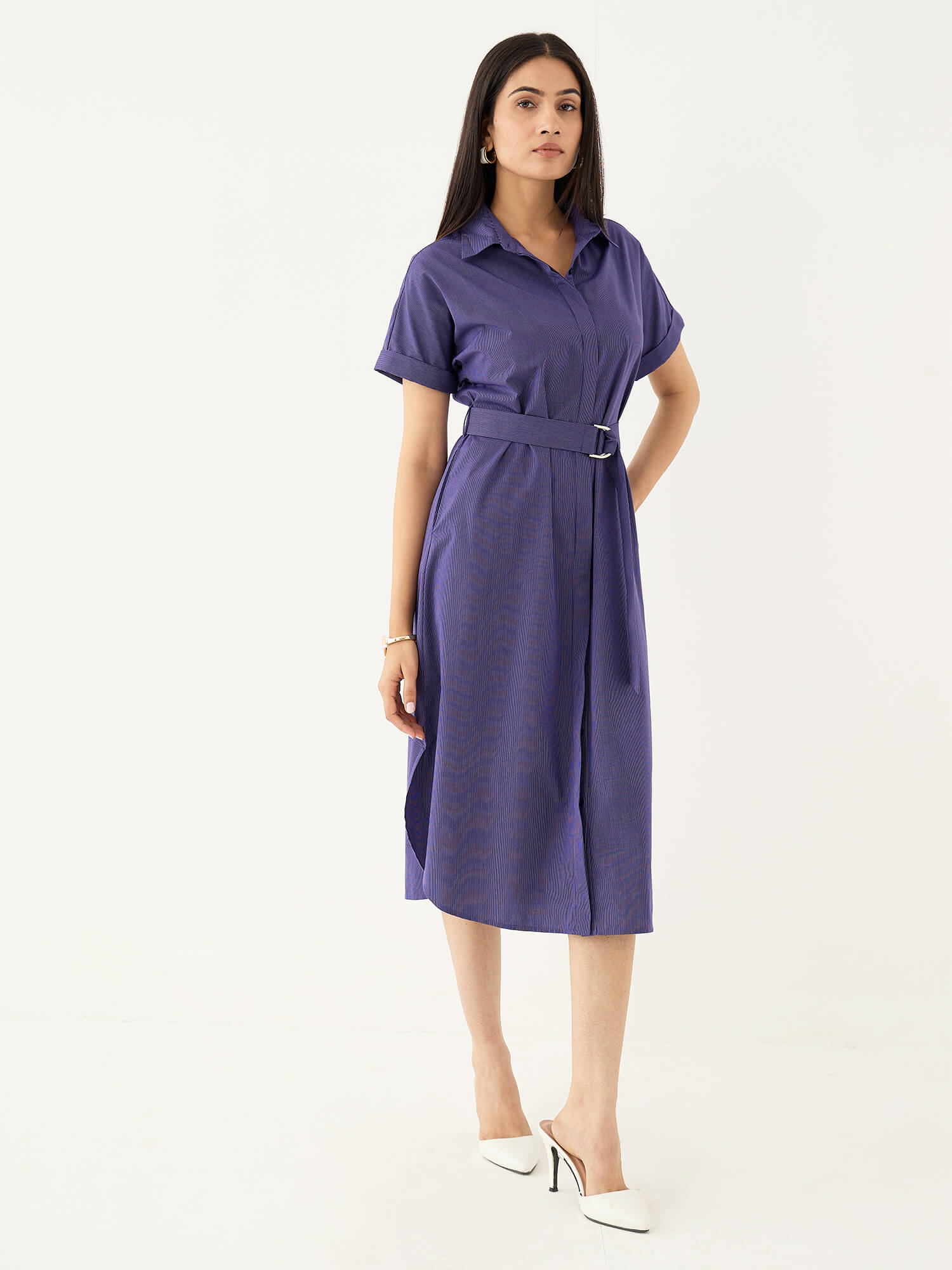 Avelin Belted Shirt Dress-Purple