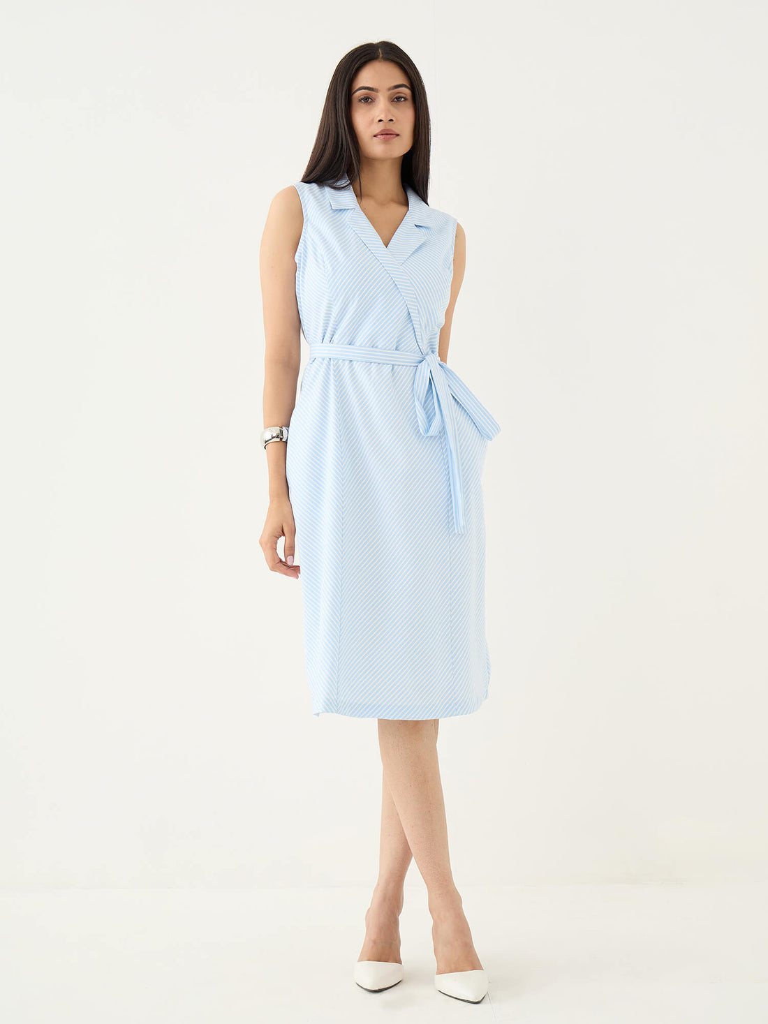 Kaviro Belted Wrap Style Dress-Blue&amp;White