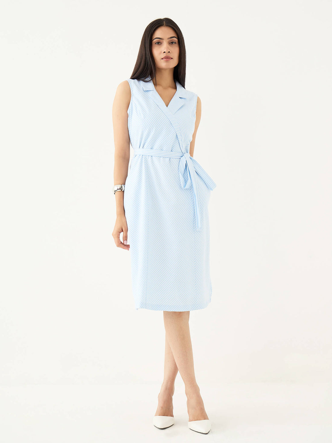 Kaviro Belted Wrap Style Dress-Blue&amp;White