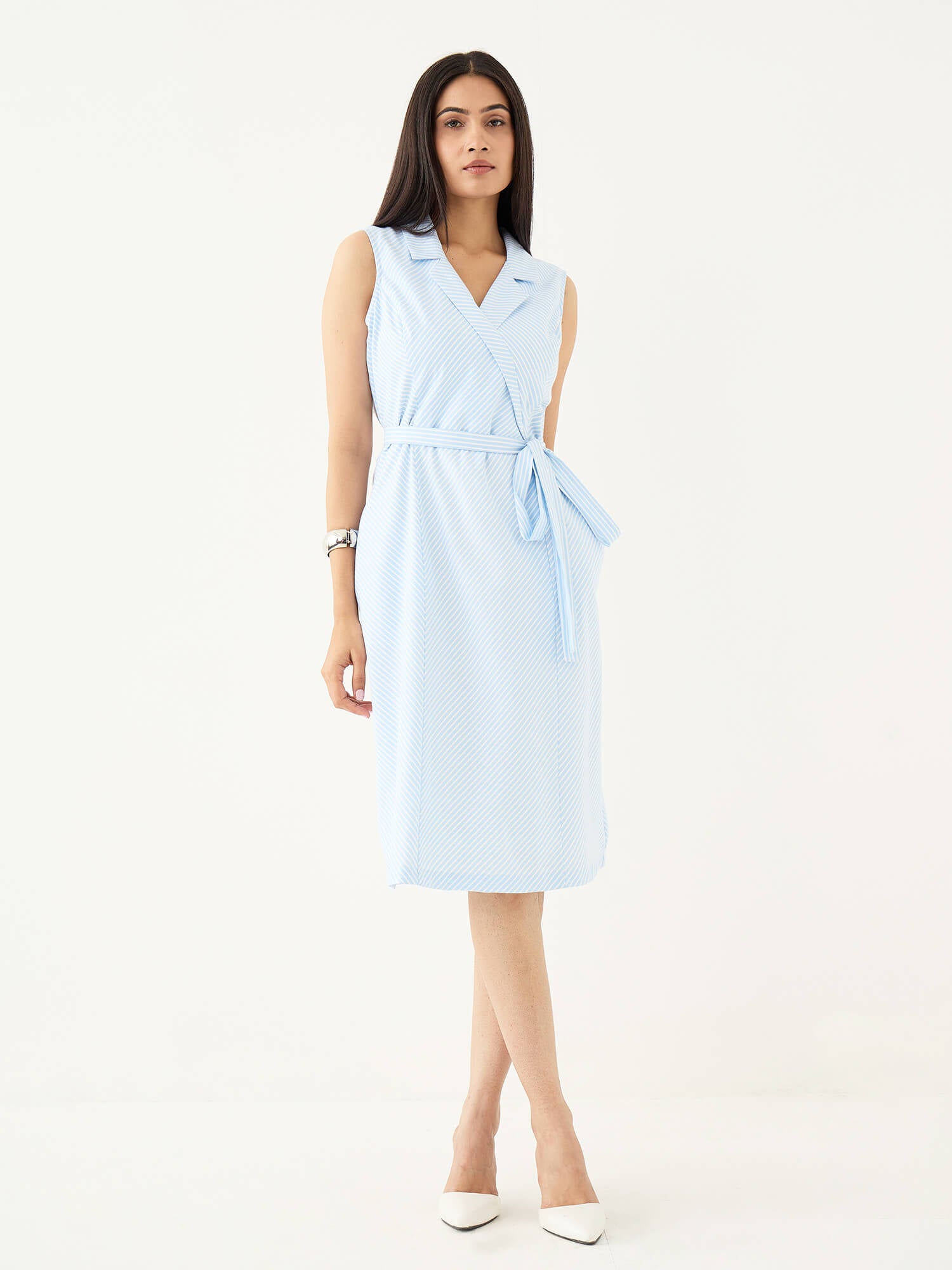 Kaviro Belted Wrap Style Dress-Blue&amp;White