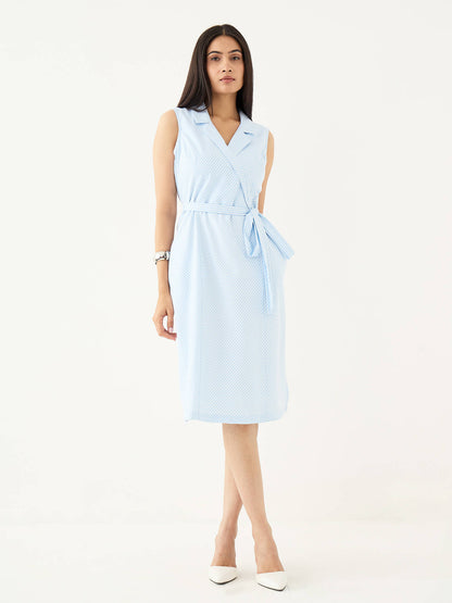 Kaviro Belted Wrap Style Dress-Blue&amp;White