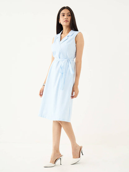 Kaviro Belted Wrap Style Dress-Blue&amp;White
