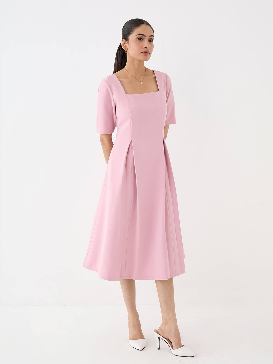 Etherea Square Neck Pleated Dress-Pink
