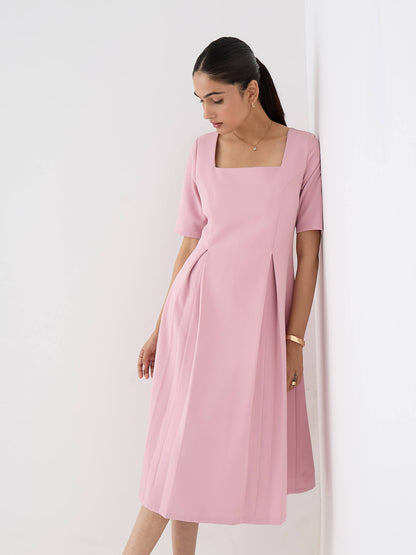 Etherea Square Neck Pleated Dress-Pink