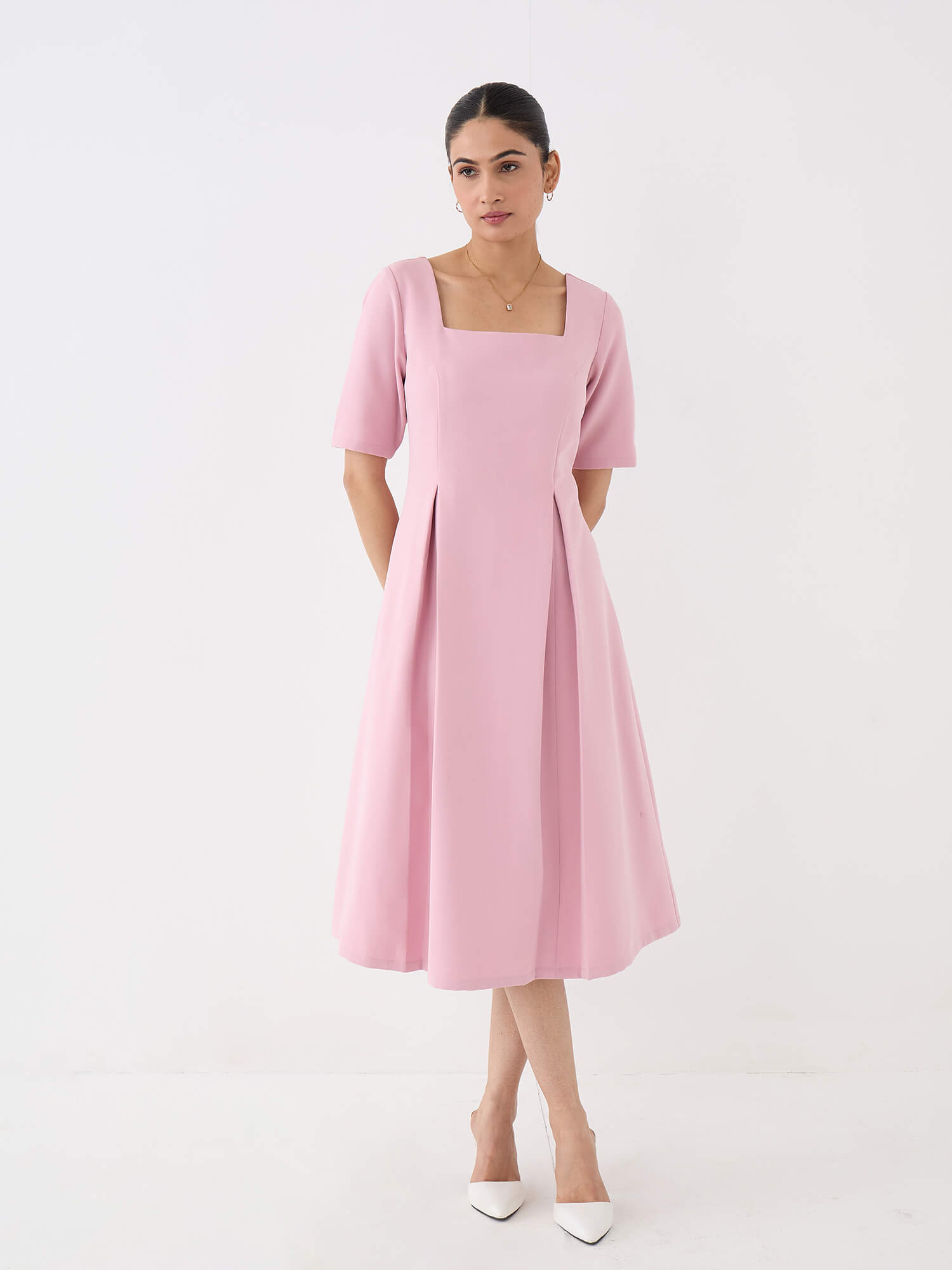 Etherea Square Neck Pleated Dress-Pink