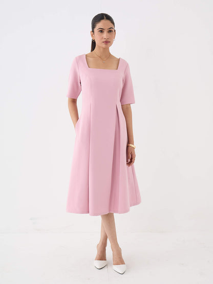 Etherea Square Neck Pleated Dress-Pink