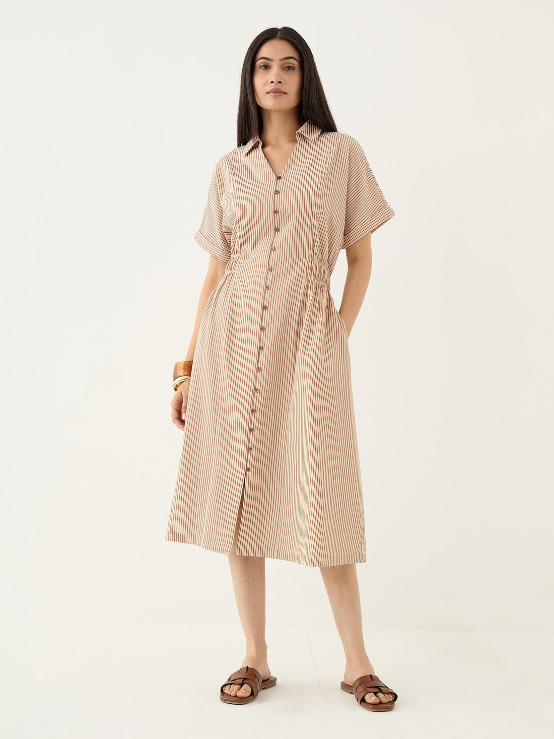 Aurel Side Elasticated Detail Dress-Beige&amp;Brown