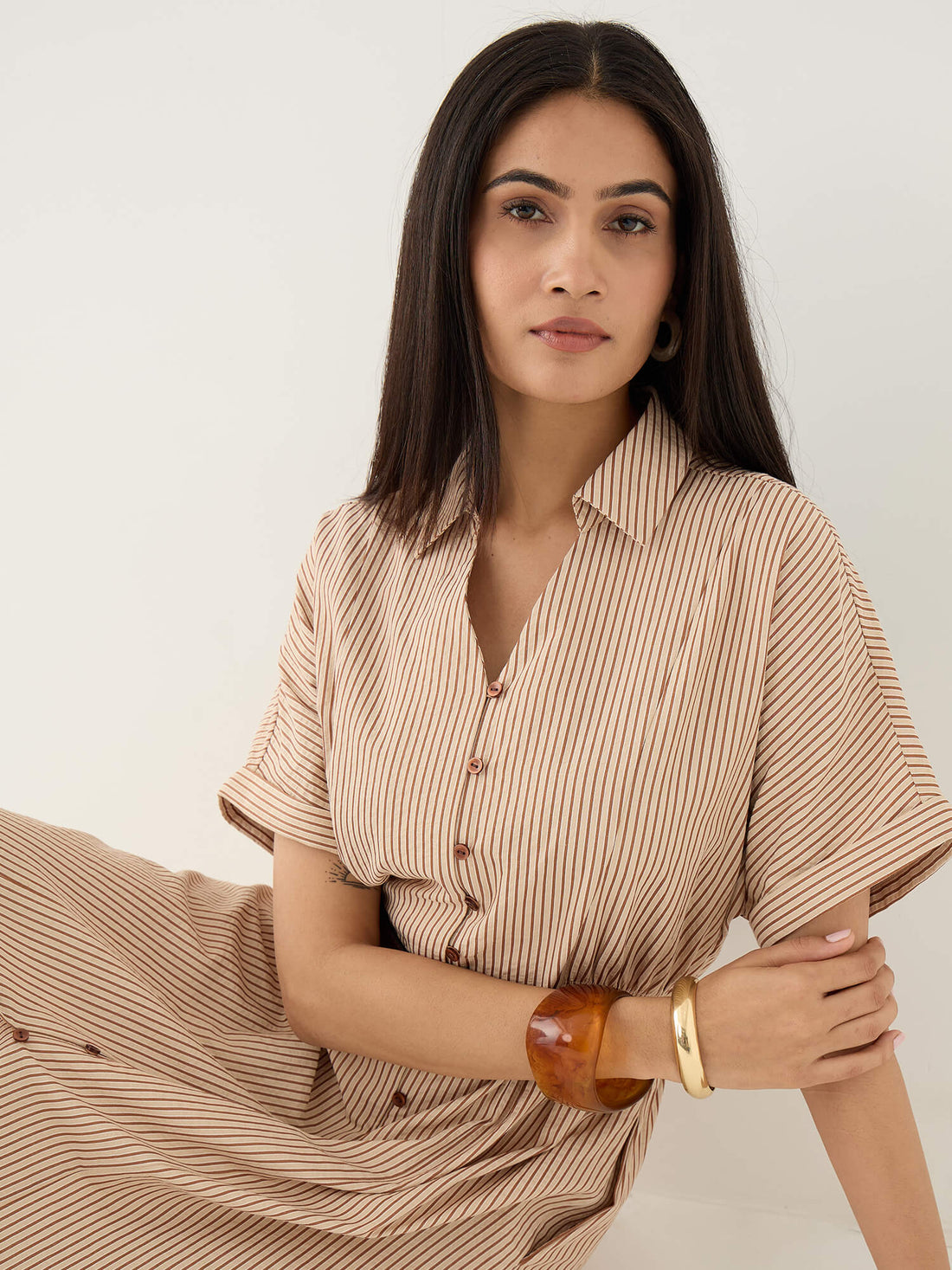 Aurel Side Elasticated Detail Dress-Beige&amp;Brown