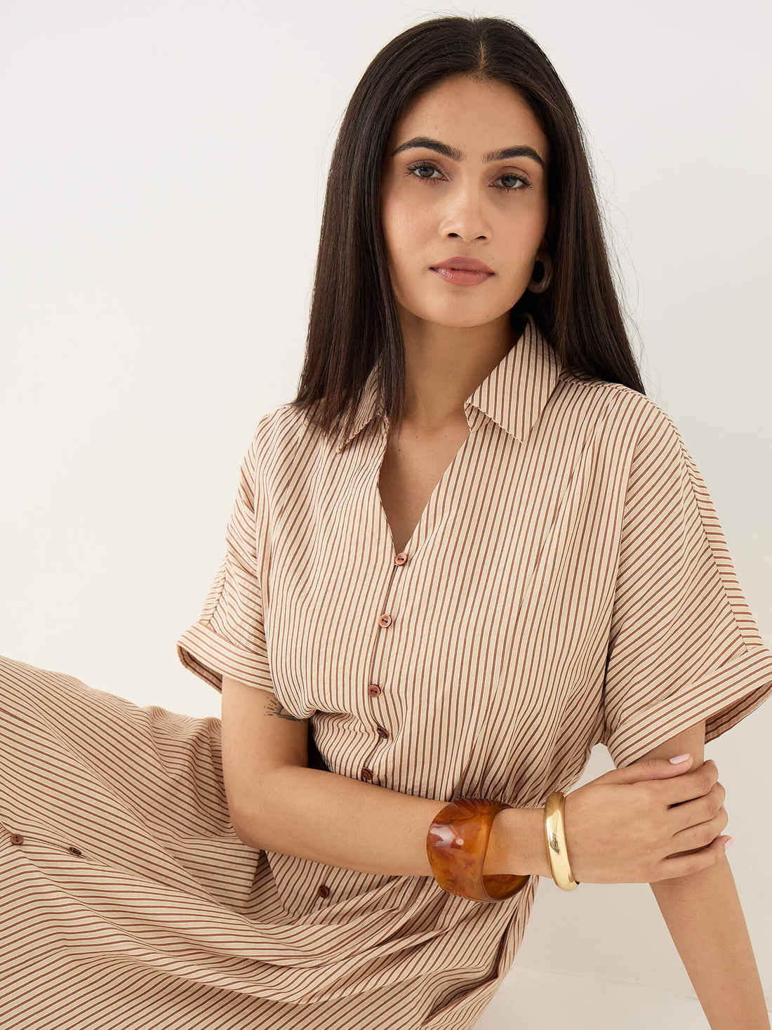 Aurel Side Elasticated Detail Dress-Beige&amp;Brown