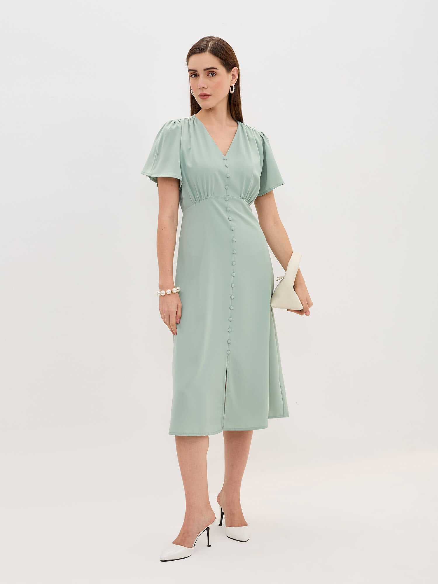 Milux Petal Sleeves Midi Dress-Sage Green