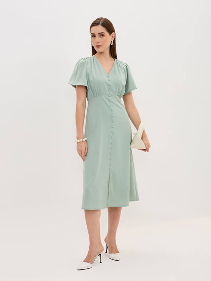 Milux Petal Sleeves Midi Dress-Sage Green