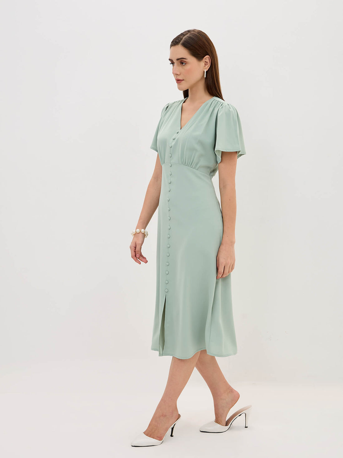 Milux Petal Sleeves Midi Dress-Sage Green