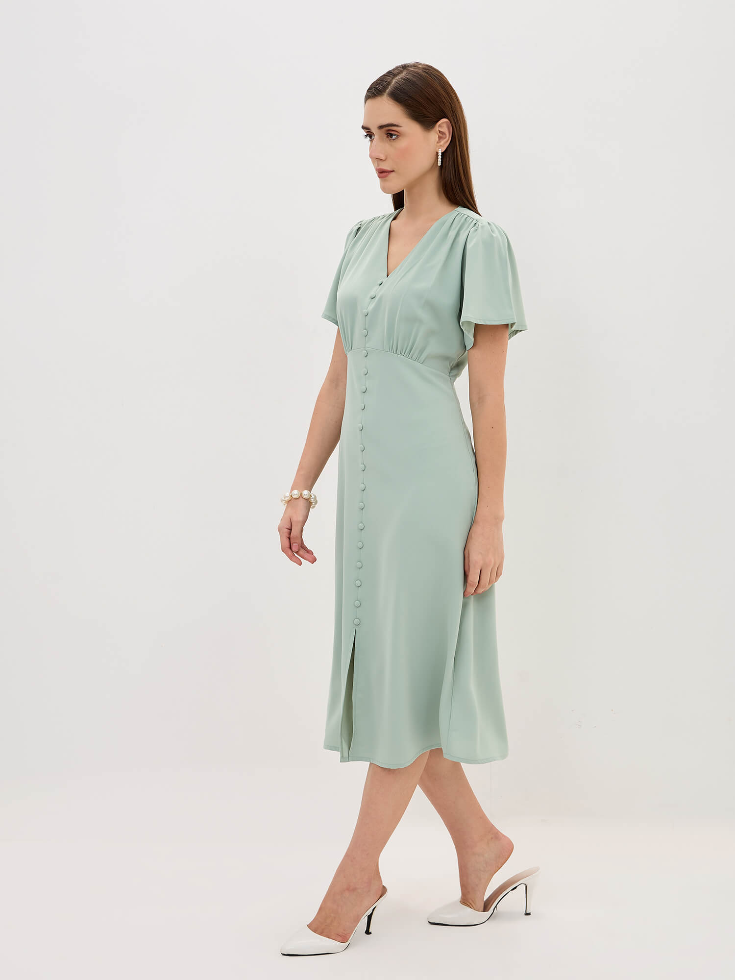 Milux Petal Sleeves Midi Dress-Sage Green