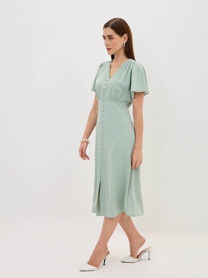 Milux Petal Sleeves Midi Dress-Sage Green