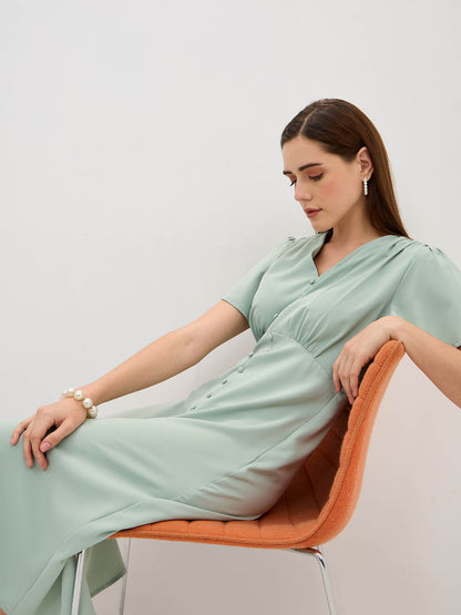 Milux Petal Sleeves Midi Dress-Sage Green