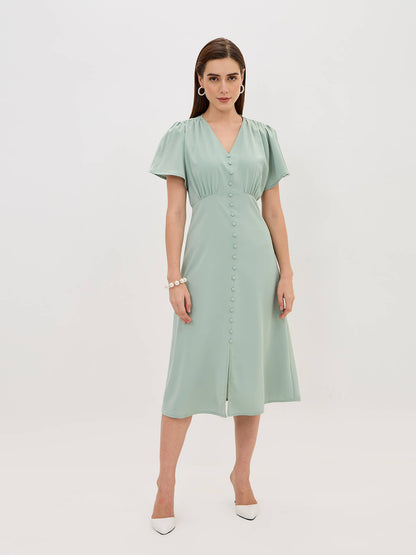 Milux Petal Sleeves Midi Dress-Sage Green