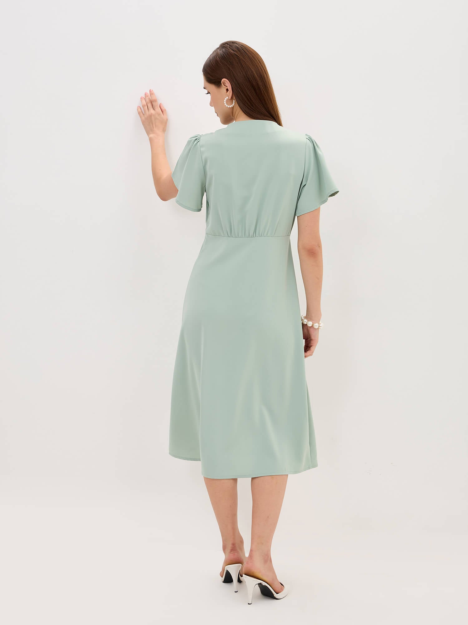 Milux Petal Sleeves Midi Dress-Sage Green