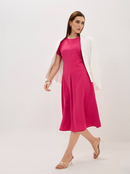 Mehv Extended Sleeve Dress With Inverted Box Pleat-Fuchsia