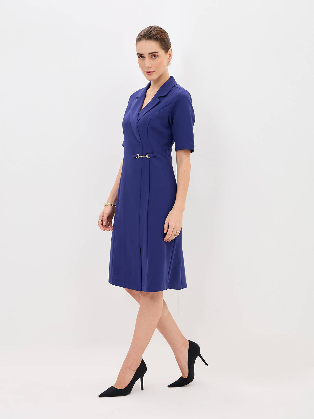 Arcadia Notch Collar Pleated Dress With Horsebit Trim-Ink Blue