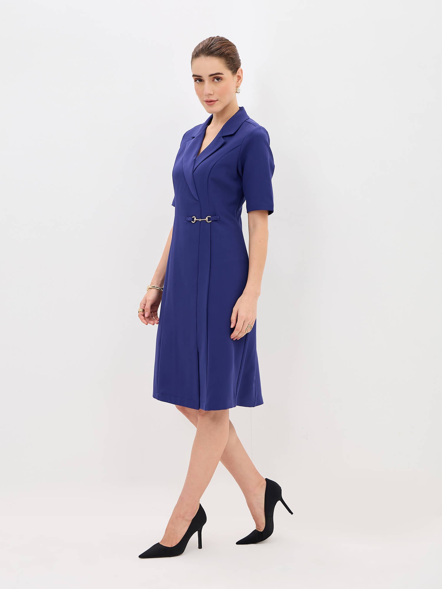 Arcadia Notch Collar Pleated Dress With Horsebit Trim-Ink Blue