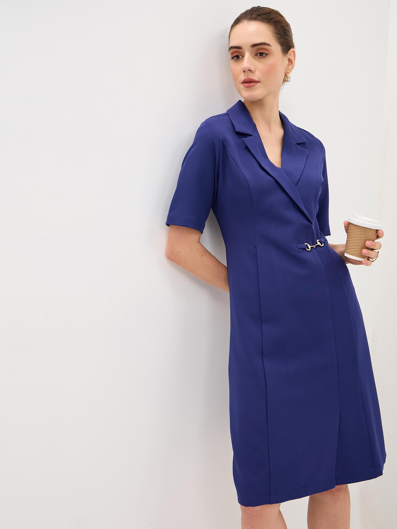 Arcadia Notch Collar Pleated Dress-Ink Blue